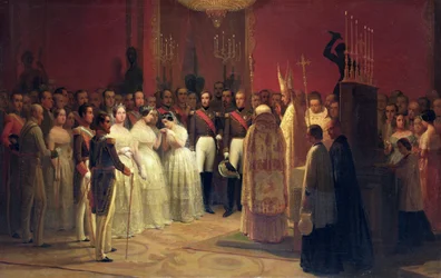 Matrimonios de la Reina Isabel II (1830-1904) con el Príncipe Francisco de Asís de Borbón (1822-1902) y de María Luisa Fernanda (1832-97) Infanta de España con Antoine d